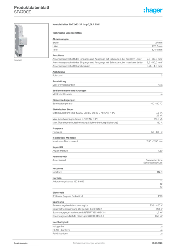 Hager Produktdatenblatt SPA700Z