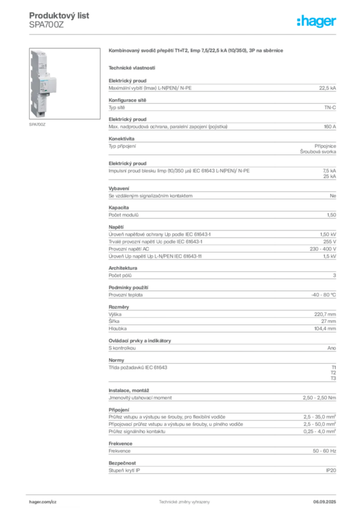 Obrázek Hager Produktový list SPA700Z | Hager