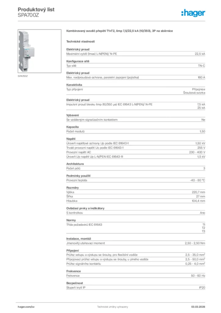 Obrázek Hager Product data sheet SPA700Z | Hager