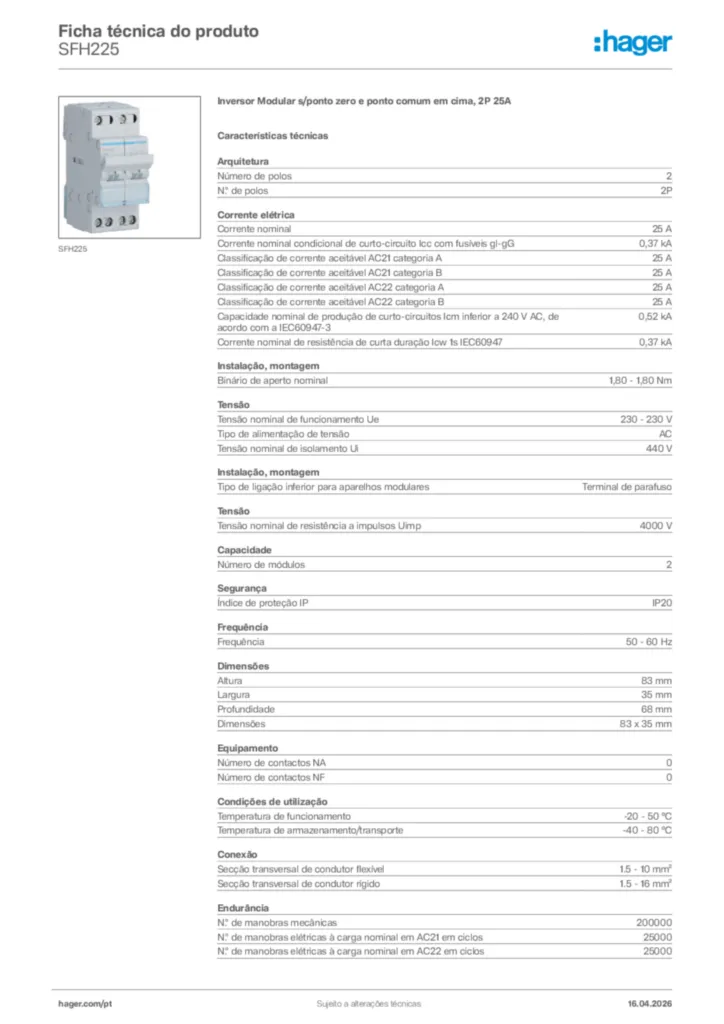 Imagem Hager Ficha técnica do produto SFH225 | Hager Portugal