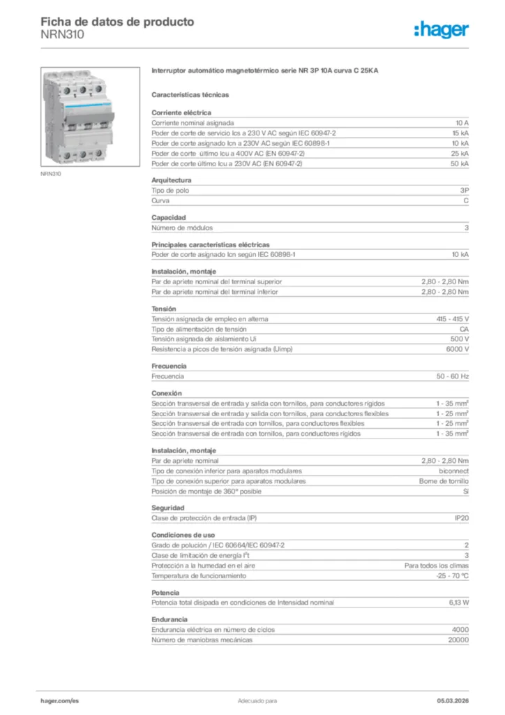 Imagen Hager Ficha de datos de producto NRN310 | Hager España