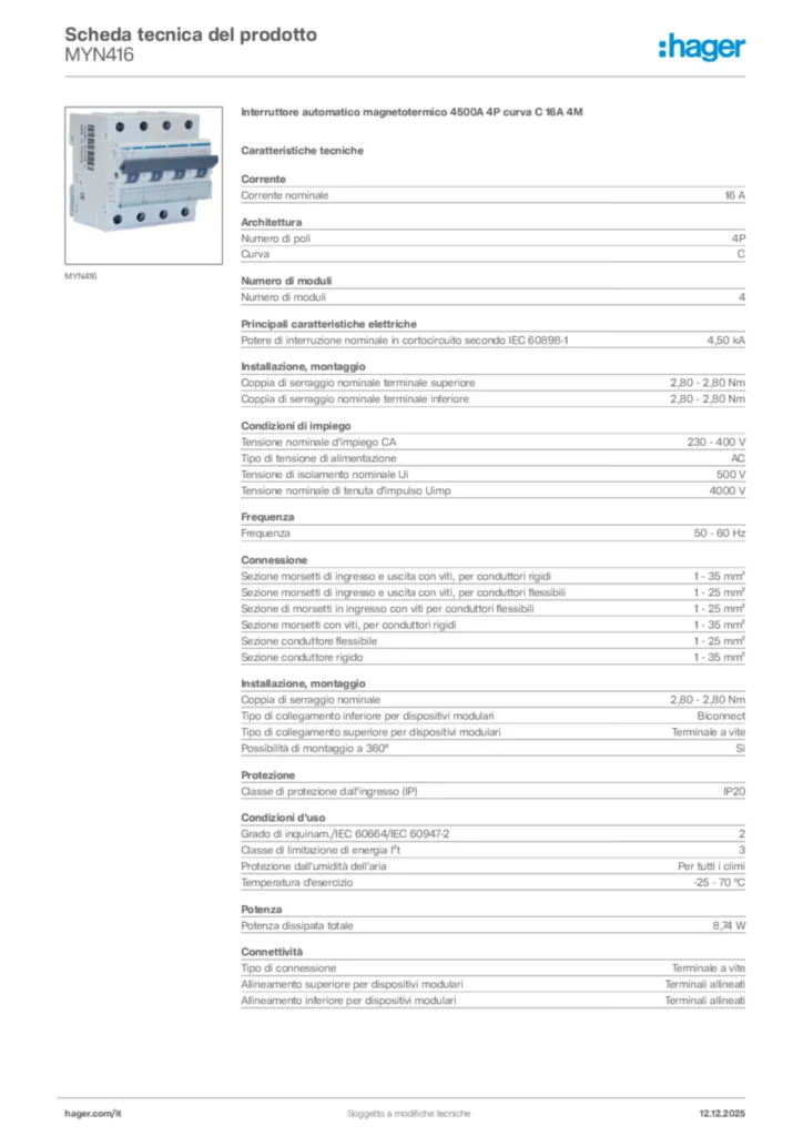 Immagine Hager Scheda tecnica del prodotto MYN416 | Hager Italia