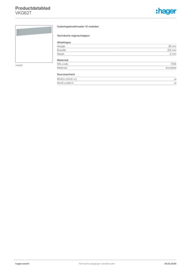 Afbeelding Hager Productdatablad VKG62T | Hager Nederland