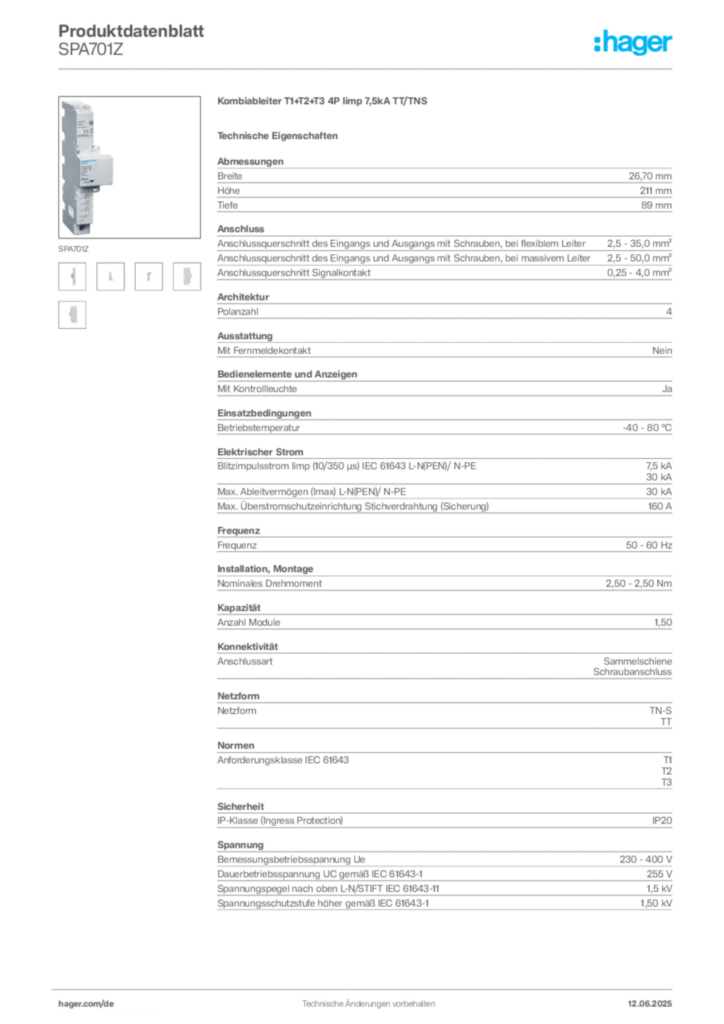 Hager Produktdatenblatt SPA701Z