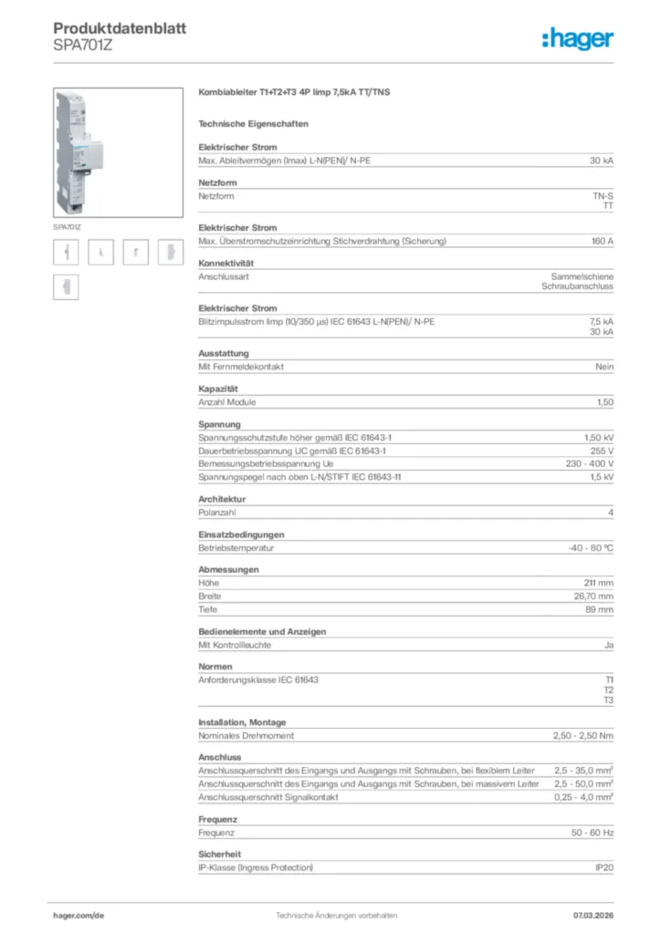 Bild Hager Produktdatenblatt SPA701Z | Hager Deutschland