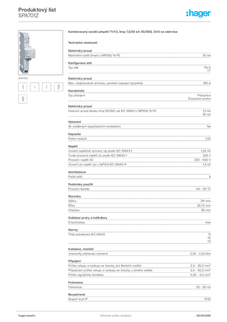 Obrázek Hager Produktový list SPA701Z | Hager