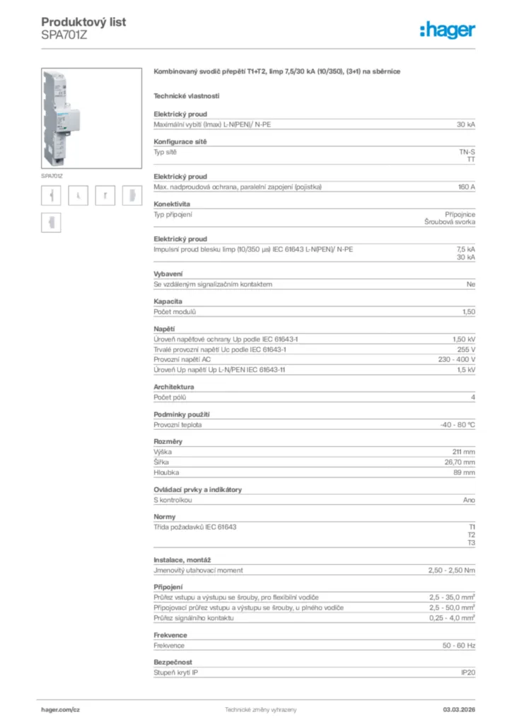Obrázek Hager Product data sheet SPA701Z | Hager