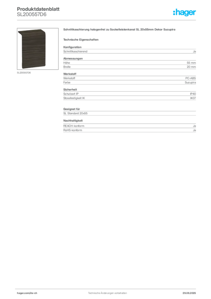 Bild Hager Produktdatenblatt SL200557D6 | Hager Schweiz