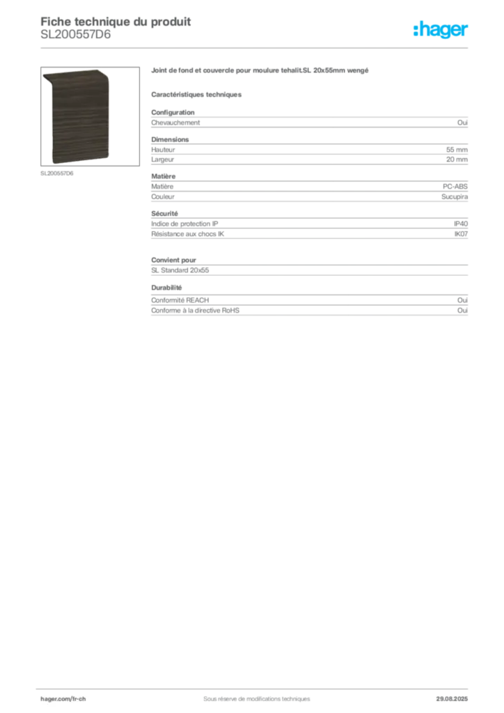 Image Hager Fiche technique du produit SL200557D6 | Hager Suisse