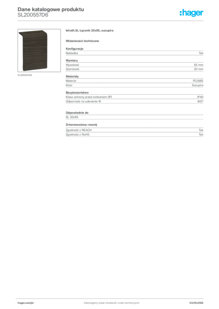 Zdjęcie Hager Karta katalogowa SL200557D6 | Hager Polska