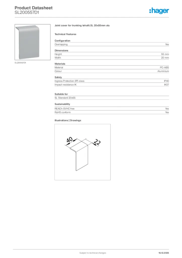 Image Hager Product data sheet SL200557D1  | Hager Africa