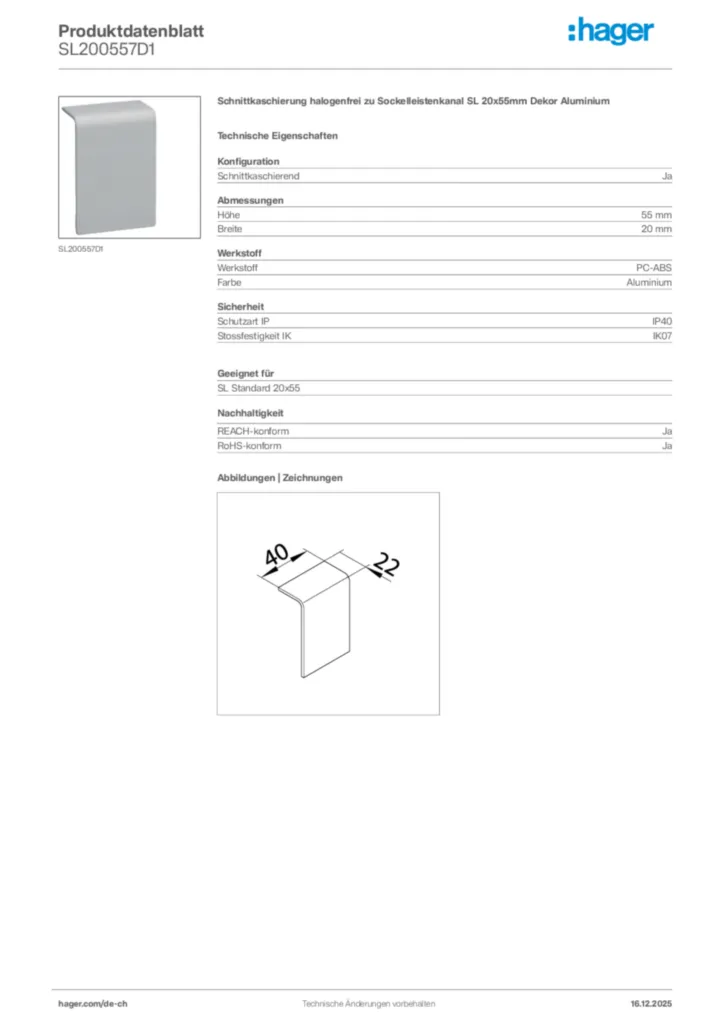 Bild Hager Produktdatenblatt SL200557D1 | Hager Schweiz