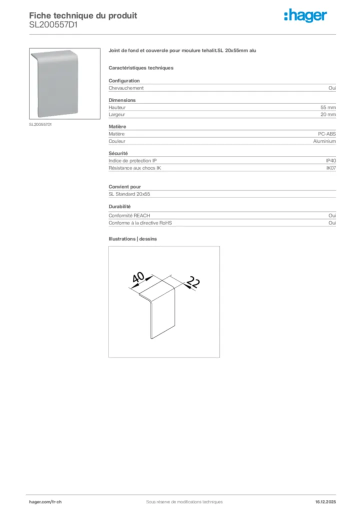 Image Hager Fiche technique du produit SL200557D1 | Hager Suisse