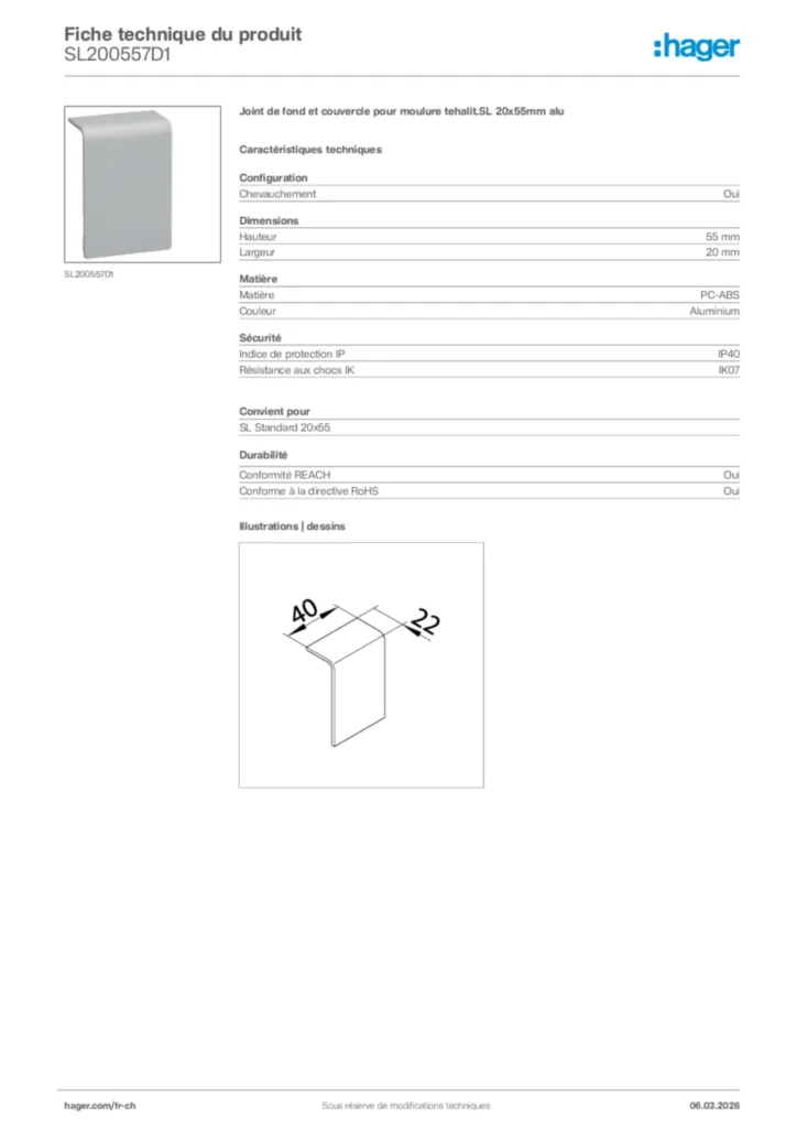 Image Hager Fiche technique du produit SL200557D1 | Hager Suisse