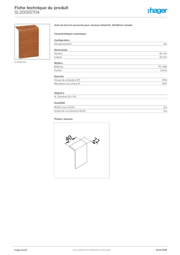 Image Hager Fiche technique du produit SL200557D4 | Hager France