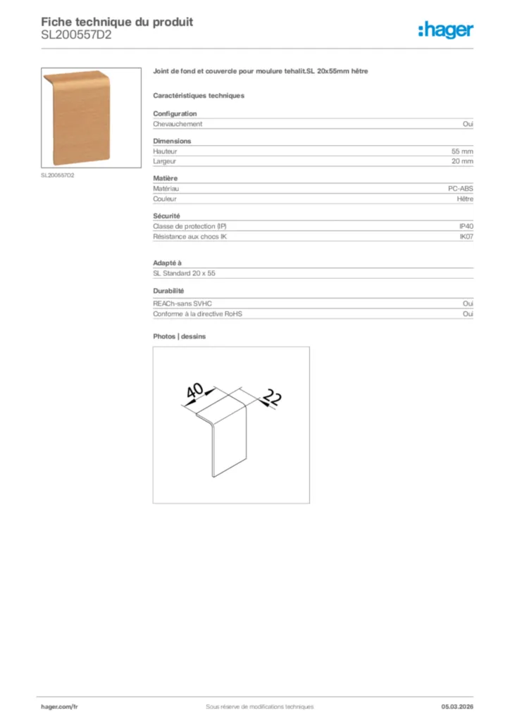 Image Hager Fiche technique du produit SL200557D2 | Hager France