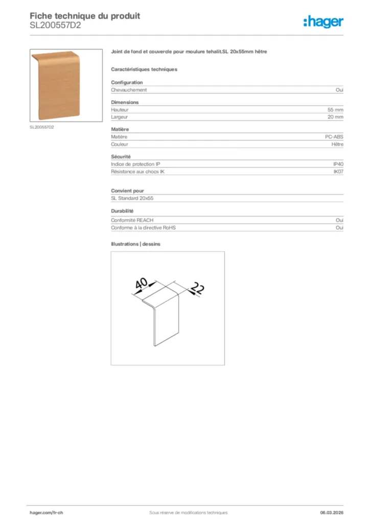 Image Hager Fiche technique du produit SL200557D2 | Hager Suisse
