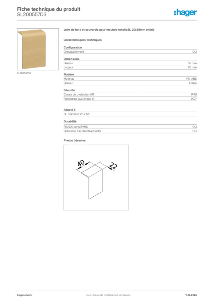 Image Hager Fiche technique du produit SL200557D3 | Hager France