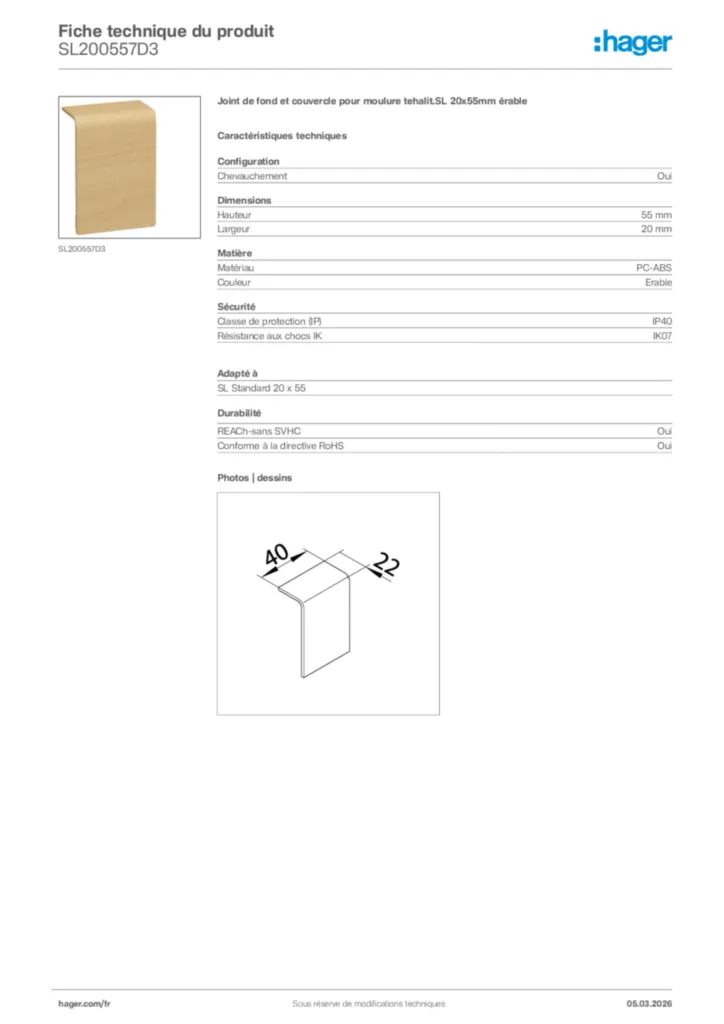 Image Hager Fiche technique du produit SL200557D3 | Hager France