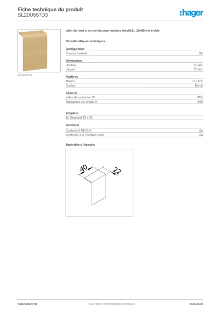 Image Hager Fiche technique du produit SL200557D3 | Hager Belgique