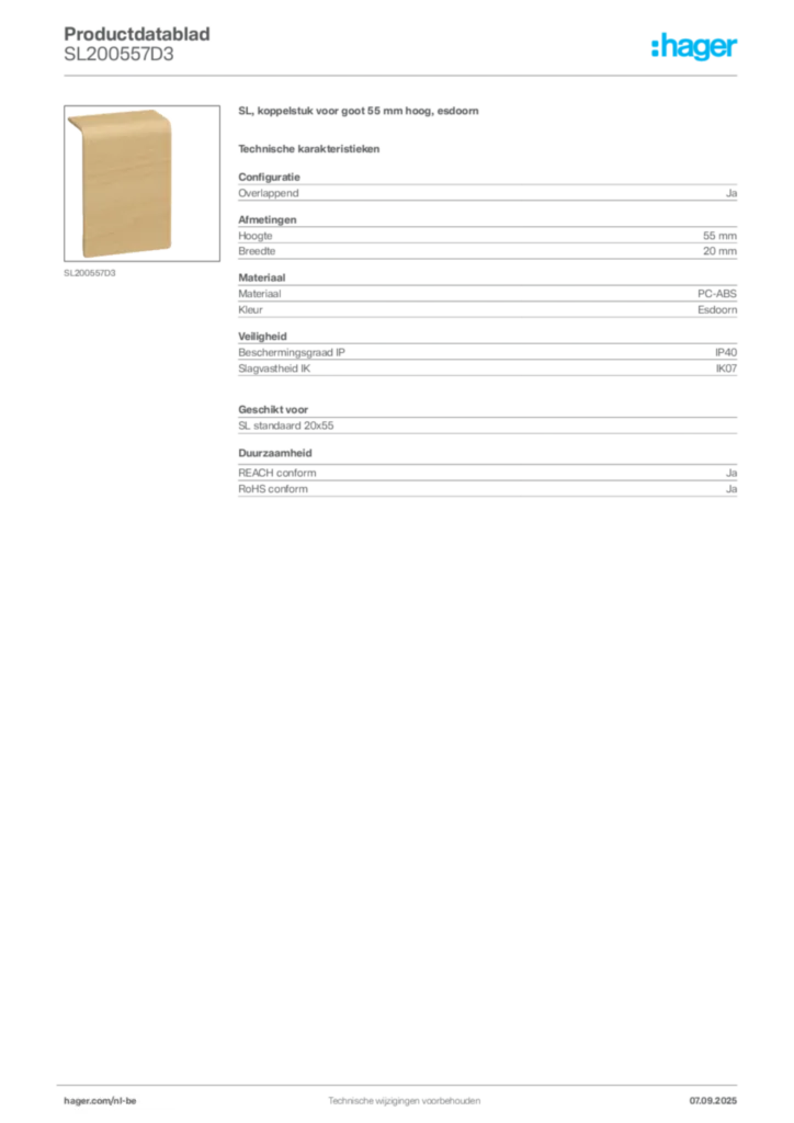 Afbeelding Hager Productdatablad SL200557D3 | Hager Belgium