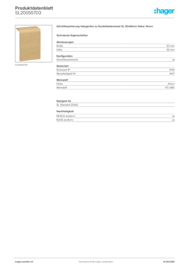 Bild Hager Produktdatenblatt SL200557D3 | Hager Schweiz