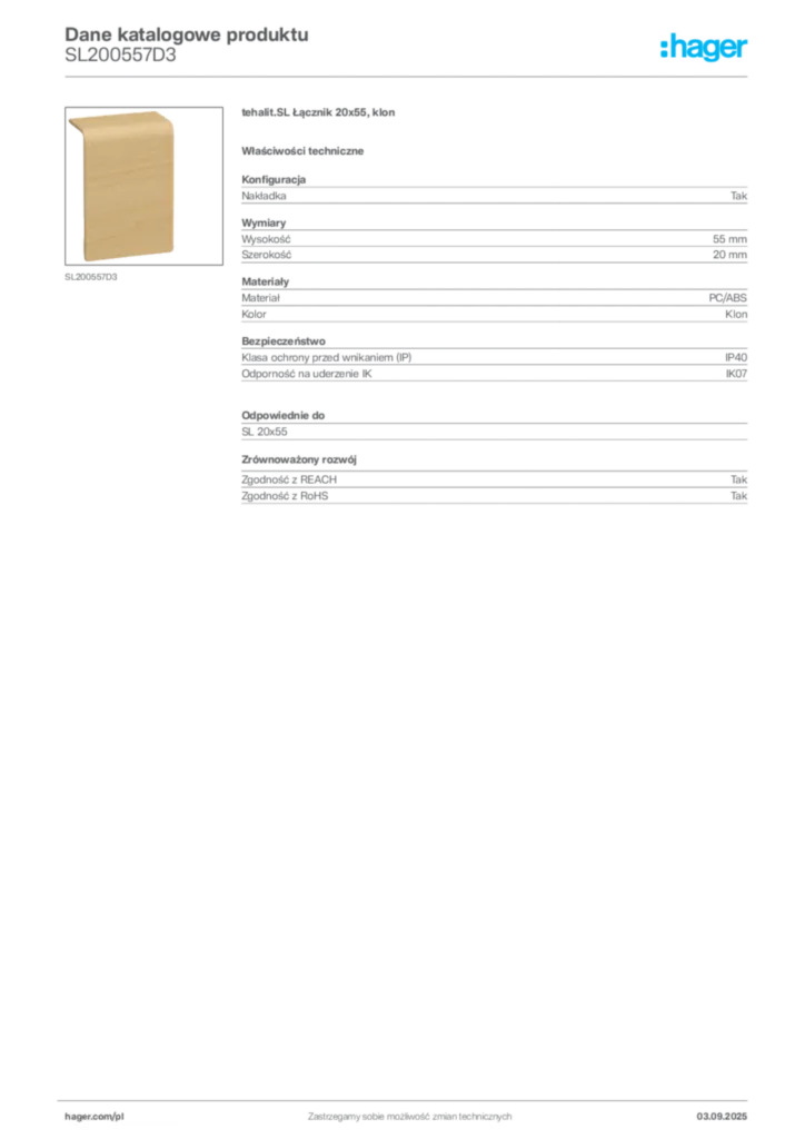 Zdjęcie Hager Karta katalogowa SL200557D3 | Hager Polska