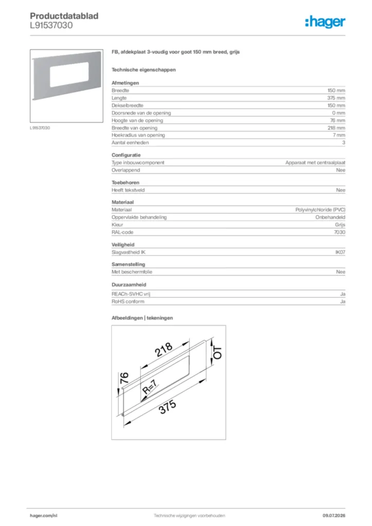 Afbeelding Hager Productdatablad L91537030 | Hager Nederland