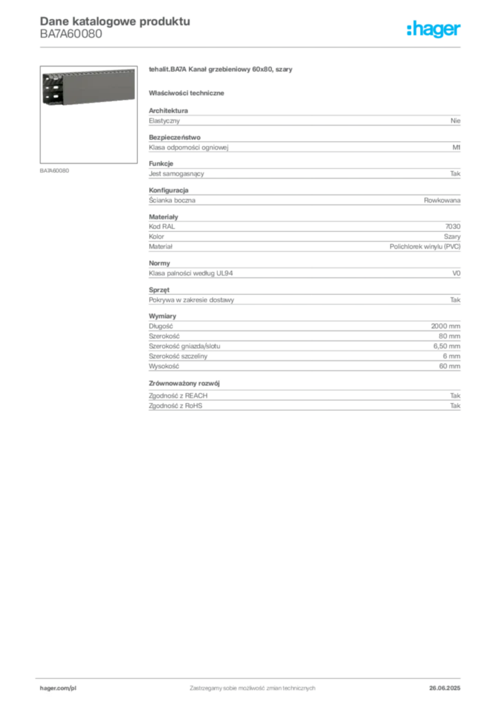 Zdjęcie Hager Karta katalogowa BA7A60080 | Hager Polska