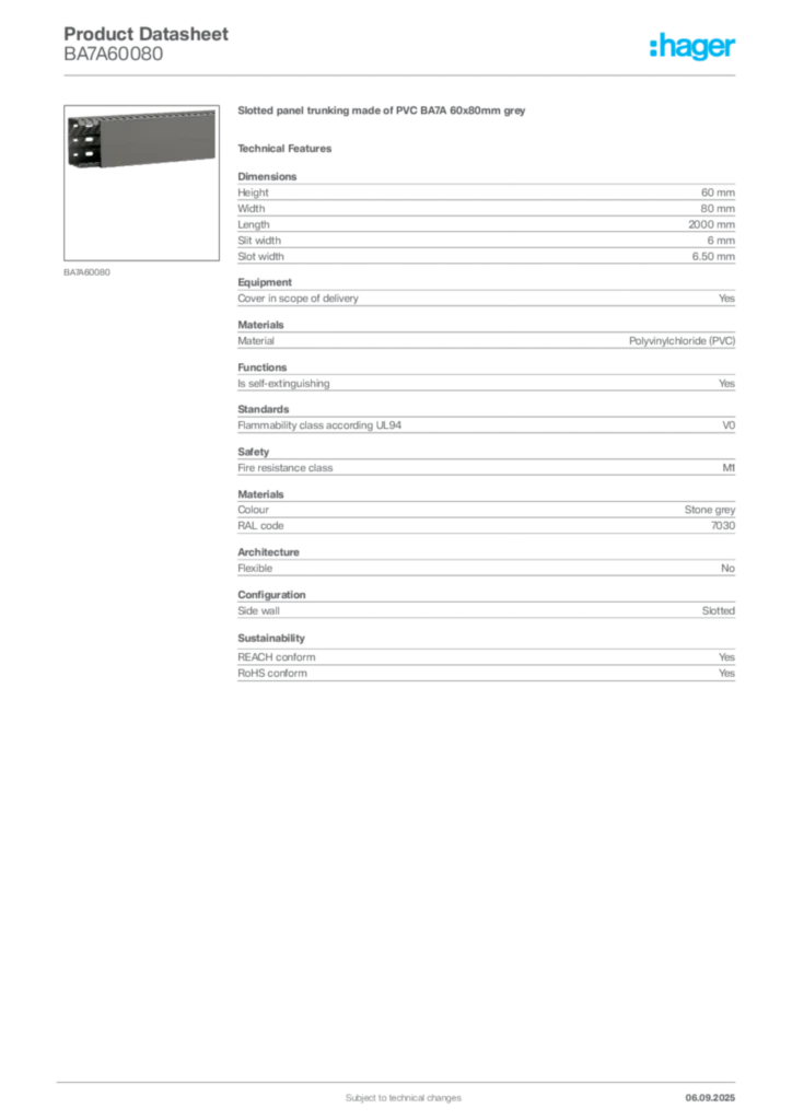 Image Hager Product data sheet BA7A60080  | Hager
