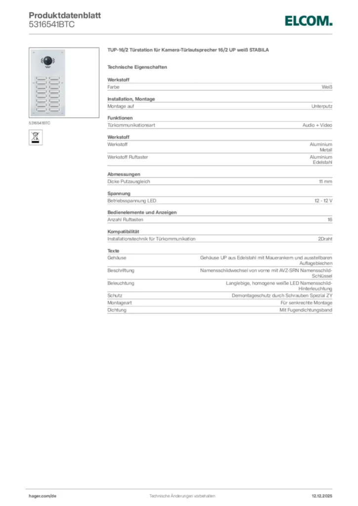 Bild Elcom Produktdatenblatt 5316541BTC | Hager Deutschland