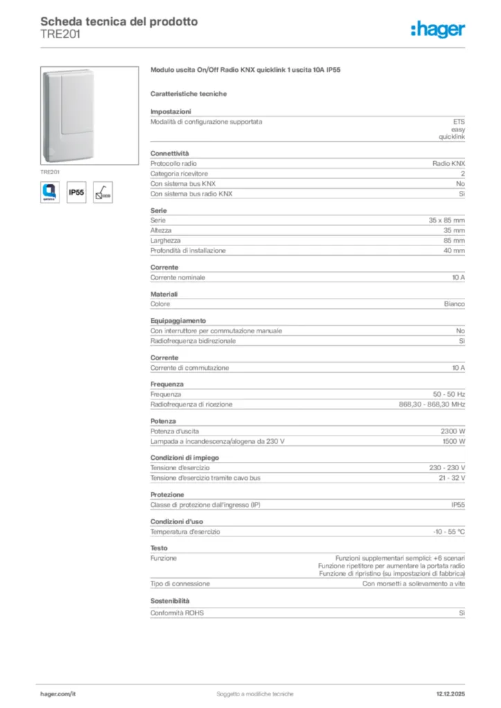 Immagine Hager Scheda tecnica del prodotto TRE201 | Hager Italia