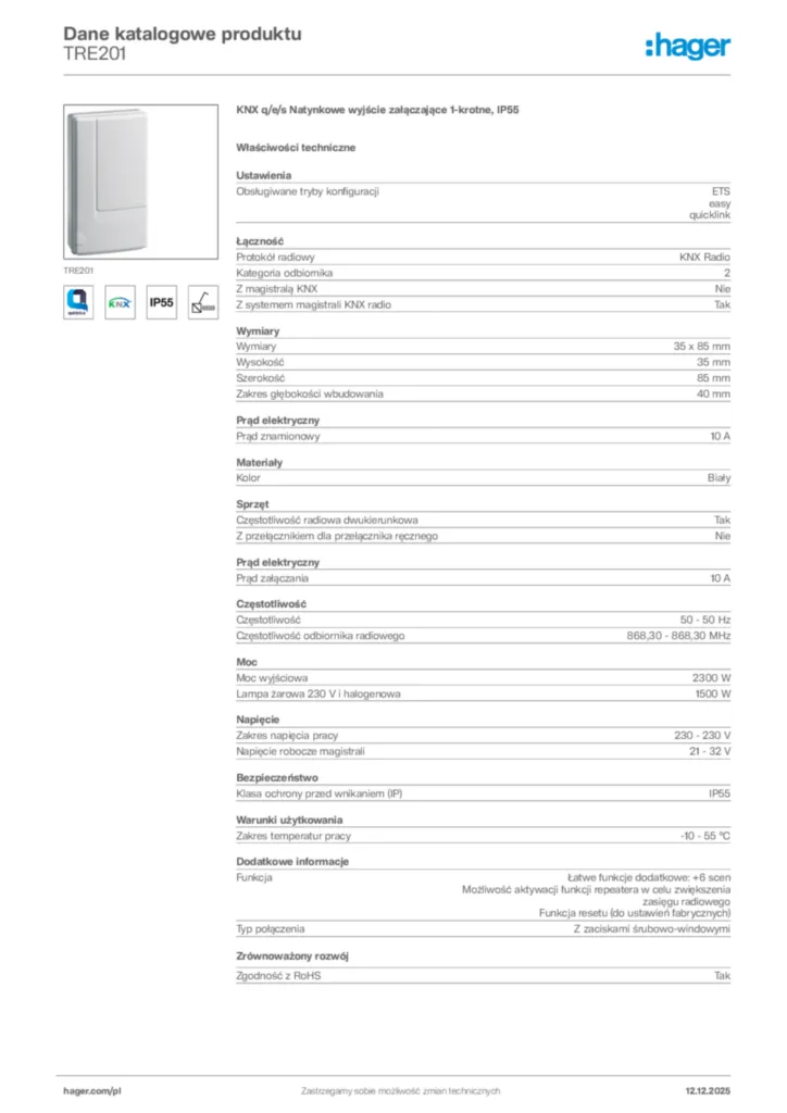 Zdjęcie Hager Karta katalogowa TRE201 | Hager Polska