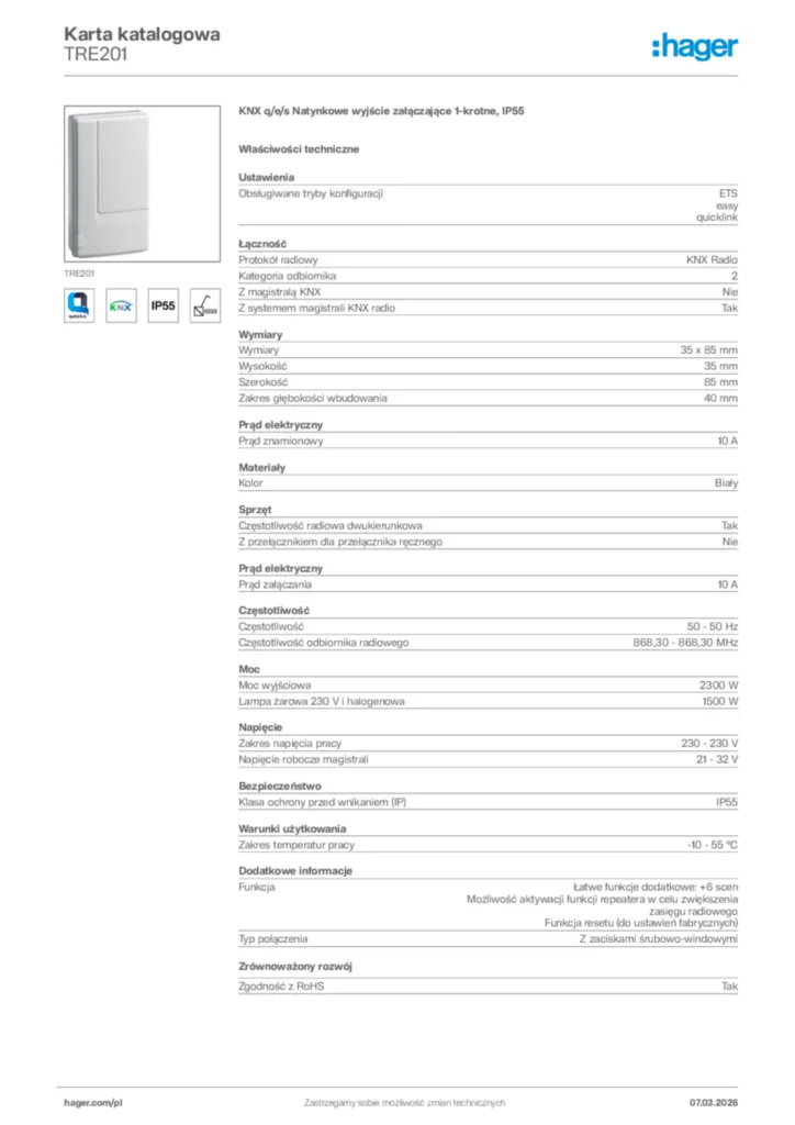 Zdjęcie Hager Karta katalogowa TRE201 | Hager Polska