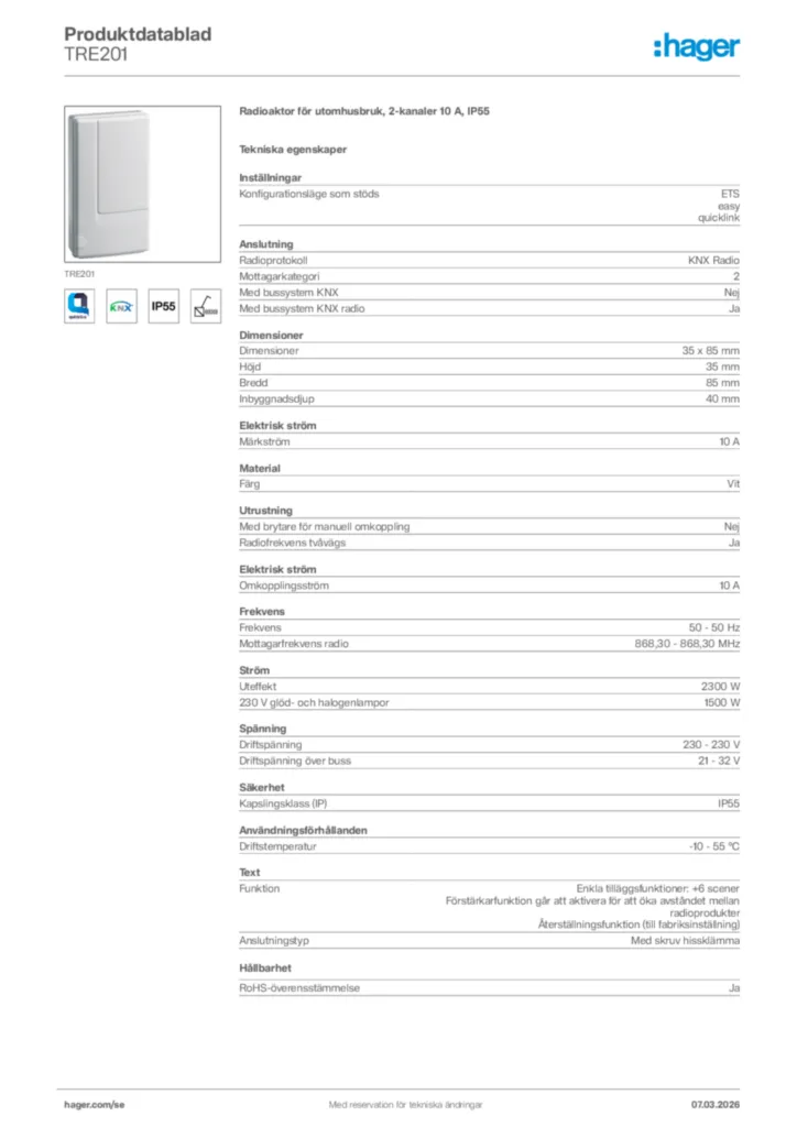 Bild Hager Produktdatablad TRE201 | Hager Sverige