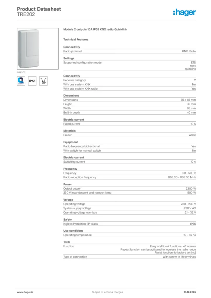 Image Hager Product data sheet TRE202  | Hager