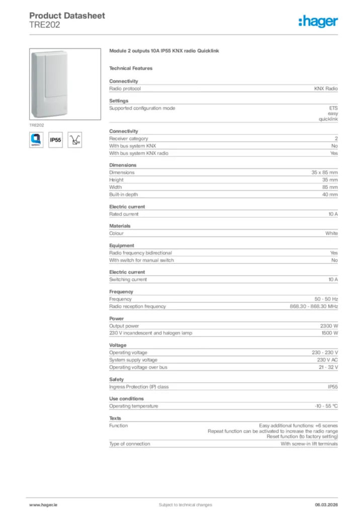 Image Hager Product data sheet TRE202  | Hager