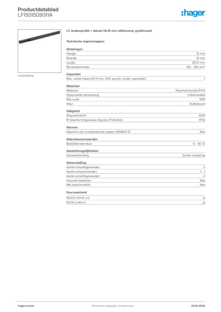 Afbeelding Hager Productdatablad LF1501509011A | Hager Nederland