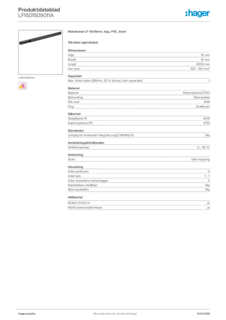 Bild Hager Produktdatablad LF1501509011A | Hager Sverige