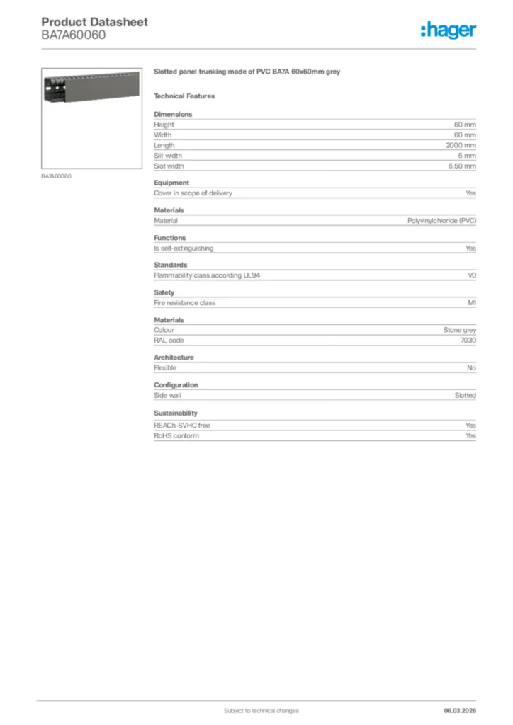 Image Hager Product data sheet BA7A60060  | Hager Africa