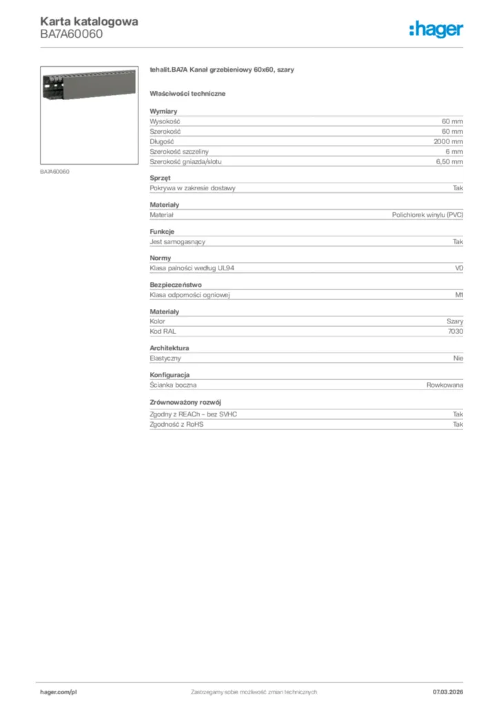 Zdjęcie Hager Karta katalogowa BA7A60060 | Hager Polska