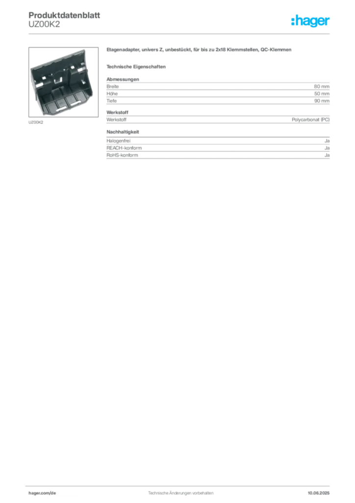 Hager Produktdatenblatt UZ00K2
