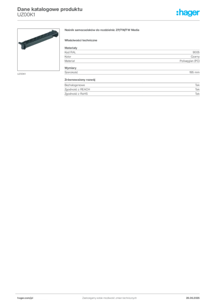 Zdjęcie Hager Karta katalogowa UZ00K1 | Hager Polska