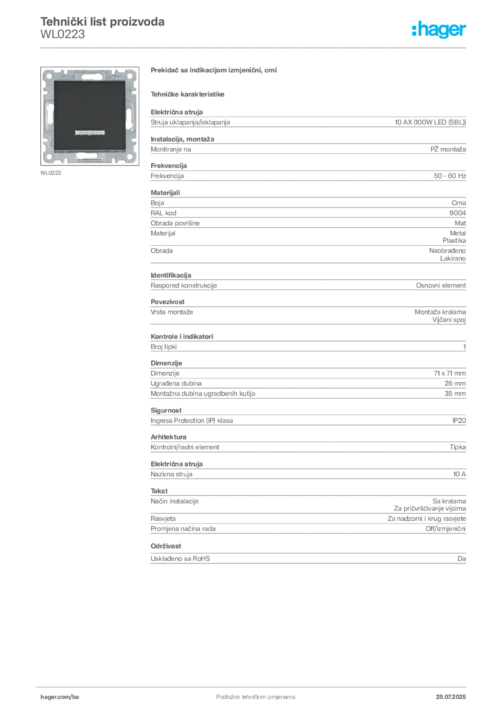 Slika Hager Product data sheet WL0223  | Hager