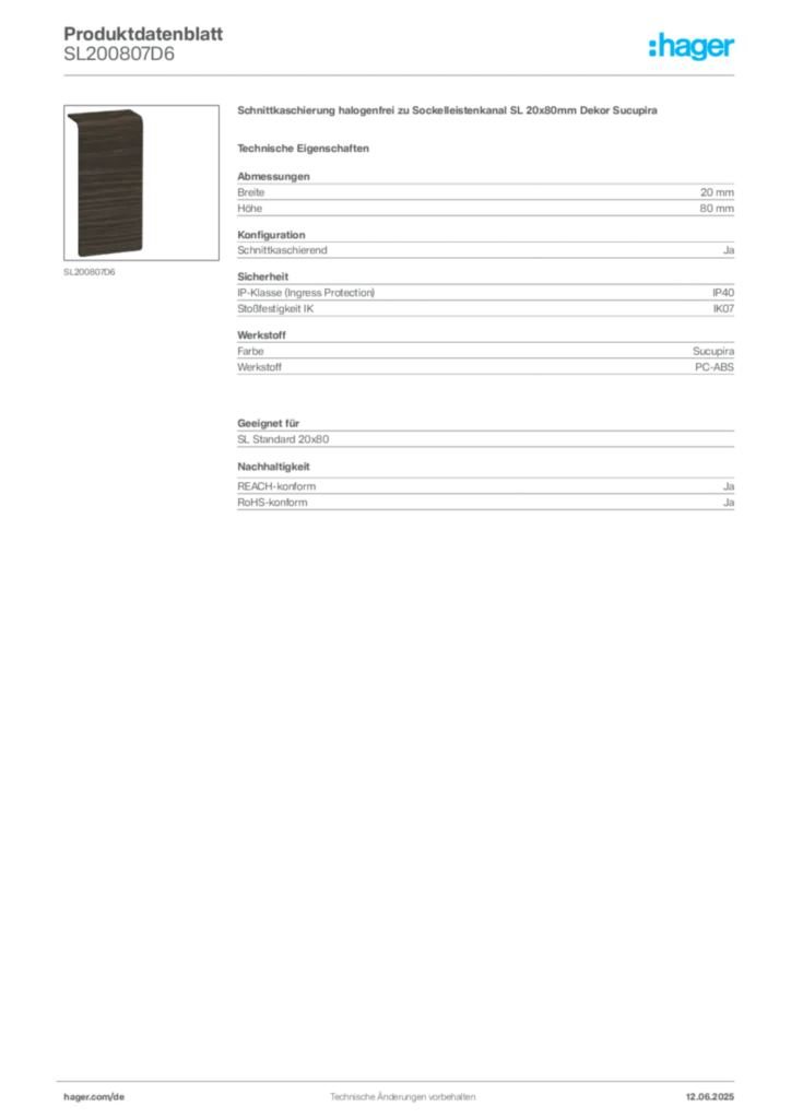 Bild Hager Produktdatenblatt SL200807D6 | Hager Deutschland