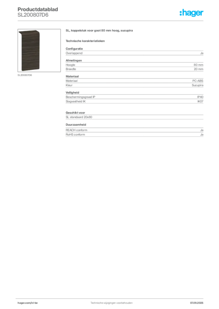 Afbeelding Hager Productdatablad SL200807D6 | Hager Belgium