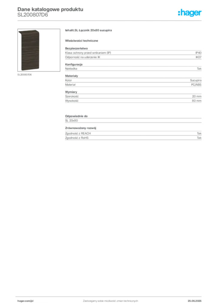 Zdjęcie Hager Karta katalogowa SL200807D6 | Hager Polska