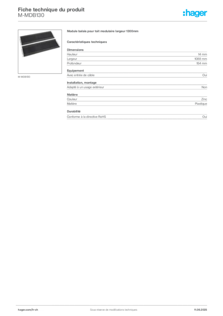 Image Hager Fiche technique du produit M-MDB130 | Hager Suisse