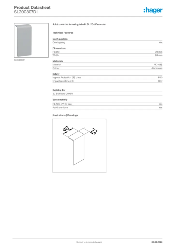Image Hager Product data sheet SL200807D1  | Hager Africa