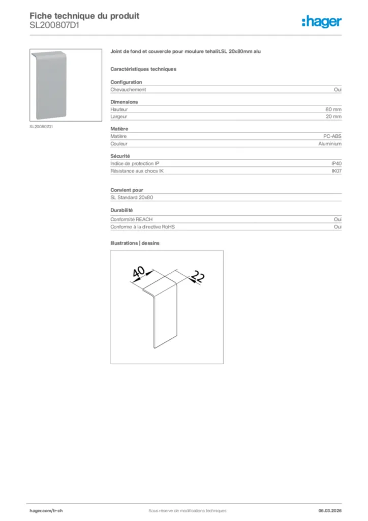 Image Hager Fiche technique du produit SL200807D1 | Hager Suisse